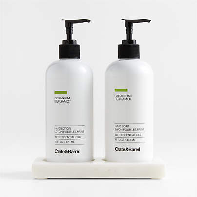 Geranium + Bergamot Hand Soap and Lotion Set with White Marble Caddy