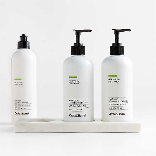 Geranium + Bergamot Dish Soap, Hand Soap & Lotion 4-Piece Set with White Kitchen Marble Caddy