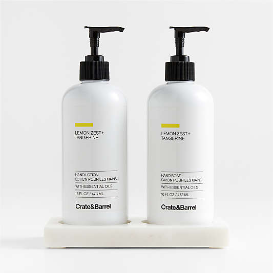 Lemon + Tangerine Hand Soap and Lotion Set with White Marble Caddy