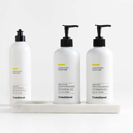 Lemon Zest + Tangerine Dish Soap, Hand Soap & Lotion 4-Piece Set with White Kitchen Marble Caddy