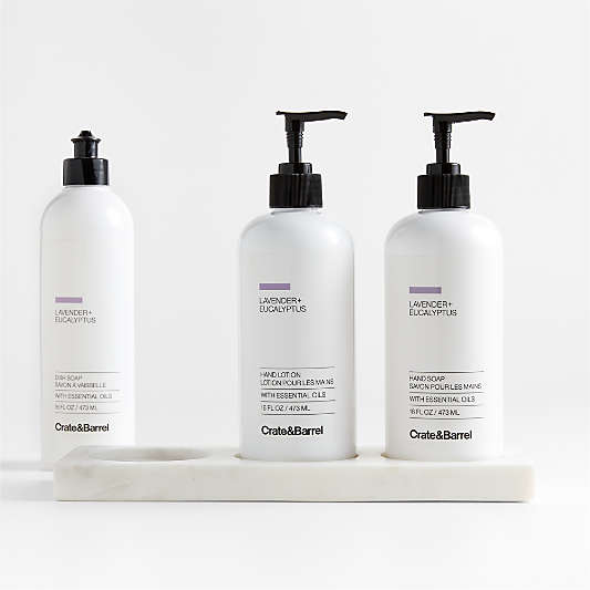 Lavender + Eucalyptus Dish Soap, Hand Soap & Lotion 4-Piece Set with White Kitchen Marble Caddy