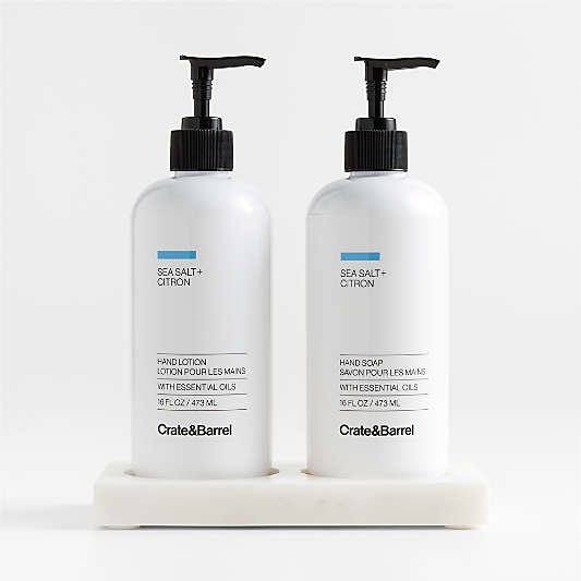 Sea Salt + Citron Hand Soap and Lotion Set with White Marble Caddy