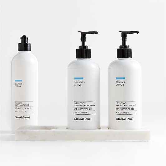 Sea Salt + Citron Dish Soap, Hand Soap & Lotion 4-Piece Set with White Kitchen Marble Caddy