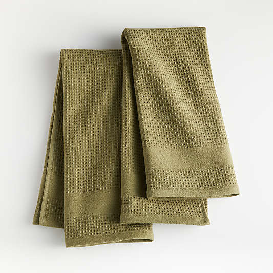 Olive Waffle/Terry Dish Towels, Set of 2