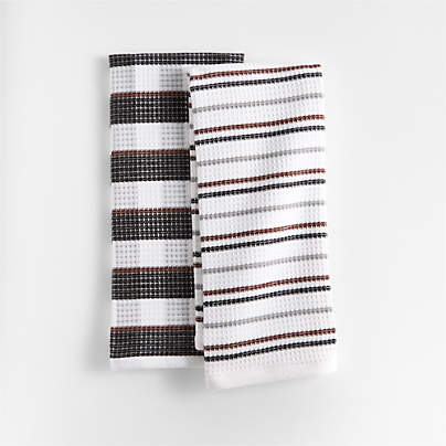 Waffle-Terry Plaid & Stripe Black Organic Cotton Kitchen Towels, Set of 2
