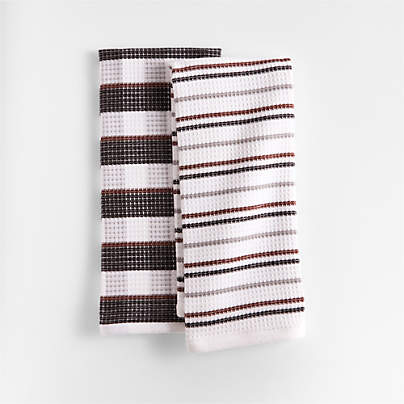 Waffle-Terry Plaid & Stripe Black Organic Cotton Kitchen Towels, Set of 2