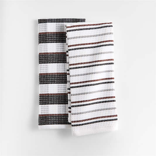 Waffle-Terry Plaid & Stripe Black Organic Cotton Kitchen Towels, Set of 2