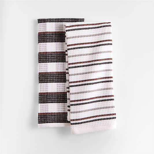 Waffle-Terry Plaid & Stripe Black Organic Cotton Kitchen Towels, Set of 2