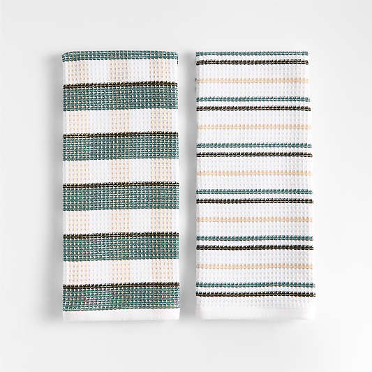 Waffle-Terry Plaid & Stripe Pendula Green Organic Cotton Kitchen Towels, Set of 2