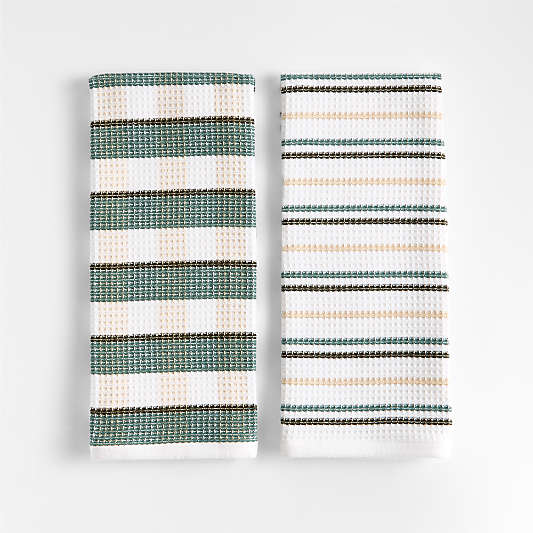 Waffle-Terry Plaid & Stripe Pendula Green Organic Cotton Kitchen Towels, Set of 2