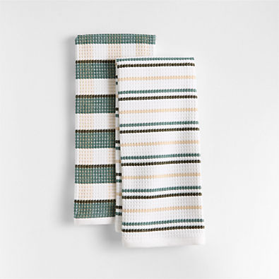 View Waffle-Terry Plaid & Stripe Pendula Green Organic Cotton Kitchen Towels, Set of 2 details