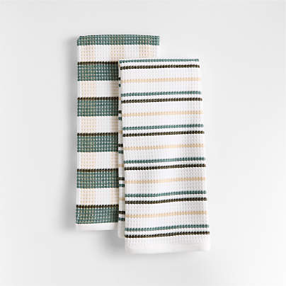 Waffle-Terry Plaid & Stripe Pendula Green Organic Cotton Kitchen Towels, Set of 2