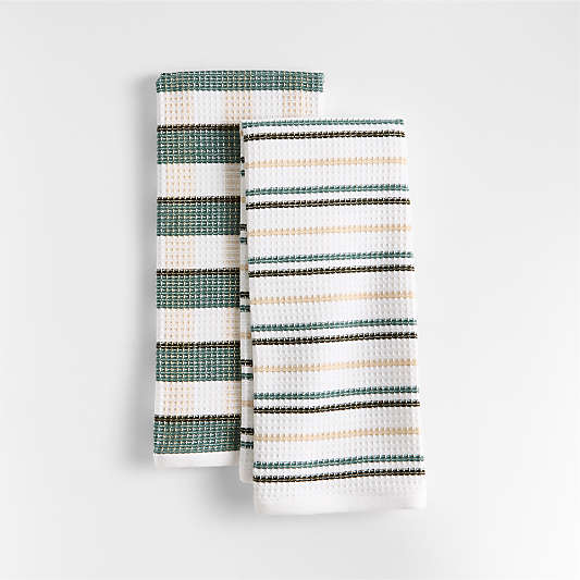 Waffle-Terry Plaid & Stripe Pendula Green Organic Cotton Kitchen Towels, Set of 2