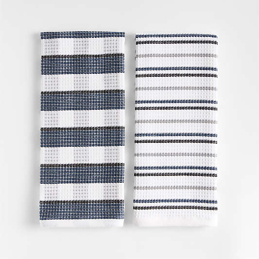 Waffle-Terry Plaid & Stripe Indigo Organic Cotton Kitchen Towels, Set of 2