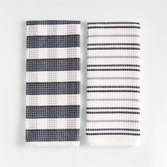 Waffle-Terry Plaid & Stripe Indigo Organic Cotton Kitchen Towels, Set of 2