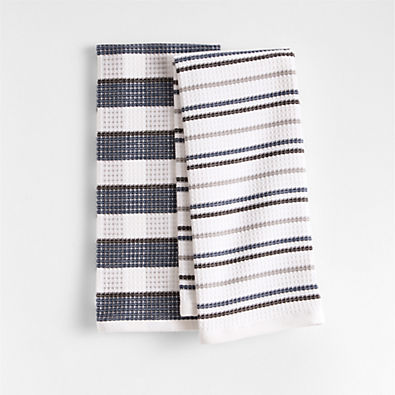 View Waffle-Terry Plaid & Stripe Indigo Organic Cotton Kitchen Towels, Set of 2 details