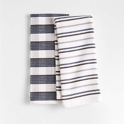 Waffle-Terry Plaid & Stripe Indigo Organic Cotton Kitchen Towels, Set of 2