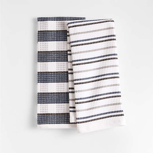 Waffle-Terry Plaid & Stripe Indigo Organic Cotton Kitchen Towels, Set of 2