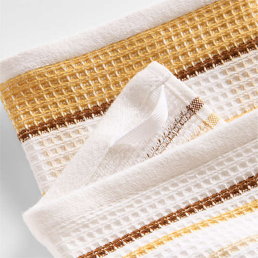 Waffle-Terry Plaid & Stripe Saffron Yellow Organic Cotton Kitchen Towels, Set of 2