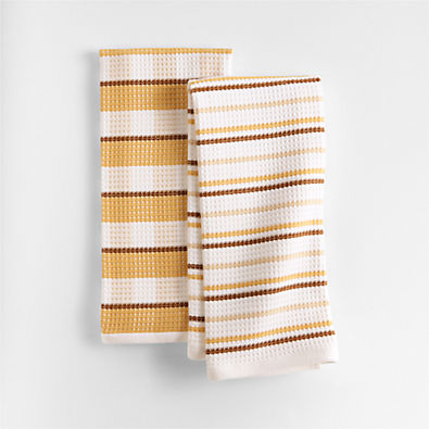View Waffle-Terry Plaid & Stripe Saffron Yellow Organic Cotton Kitchen Towels, Set of 2 details