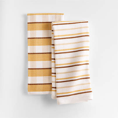 Waffle-Terry Plaid & Stripe Saffron Yellow Organic Cotton Kitchen Towels, Set of 2