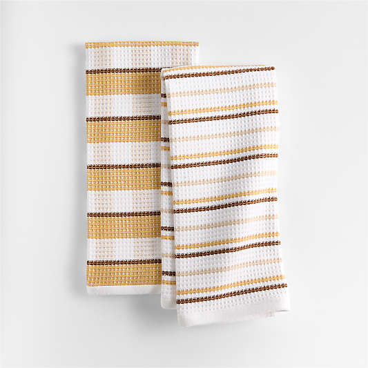 Waffle-Terry Plaid & Stripe Saffron Yellow Organic Cotton Kitchen Towels, Set of 2