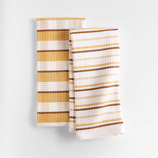Waffle-Terry Plaid & Stripe Saffron Yellow Organic Cotton Kitchen Towels, Set of 2