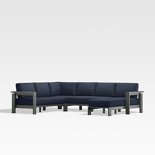 Walker Black Metal 4-Piece Right-Arm Chaise Outdoor Sectional Sofa with Navy Blue Sunbrella ® Cushions