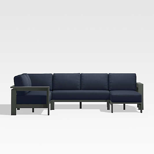 Walker Black Metal 4-Piece Right-Arm Chaise Outdoor Sectional Sofa with Navy Blue Sunbrella ® Cushions