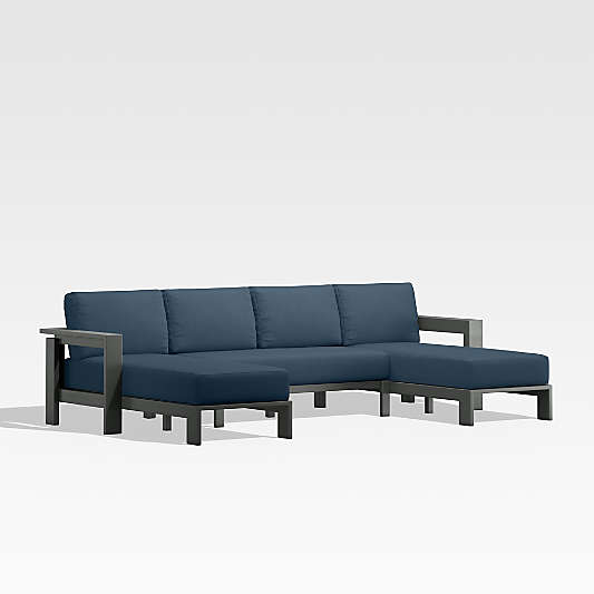 Walker U-Shaped Double-Chaise Metal Outdoor Sectional Sofa with Cast Harbor Blue Sunbrella ® Cushions