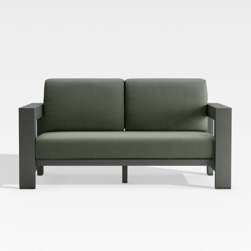 Walker Metal Outdoor Loveseat with Sage Green Sunbrella Cushions | Crate &  Barrel