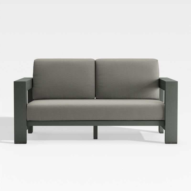 Walker Metal Outdoor Patio Loveseat with Graphite Sunbrella Cushions + Reviews | Crate & Barrel