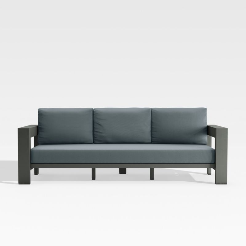 Walker Outdoor Metal Sofa with Haze Grey Sunbrella Cushions Crate