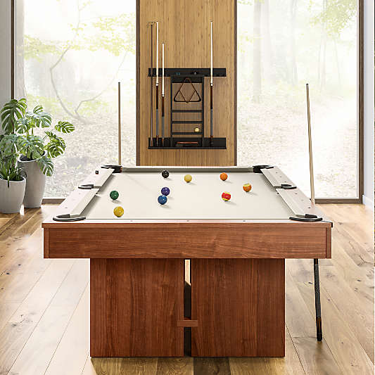 Khaki and Walnut Pool Table with Wall Rack and Accessories