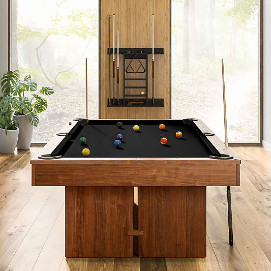Black and Walnut Pool Table with Wall Rack and Accessories