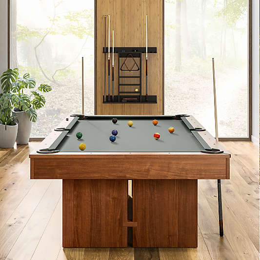 Grey and Walnut Pool Table with Wall Rack and Accessories