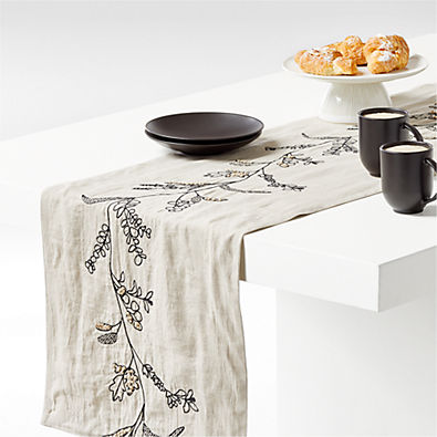 View Warm Natural Autumnal Leaf EUROPEAN FLAX ™-Certified Linen Embroidered Runner details