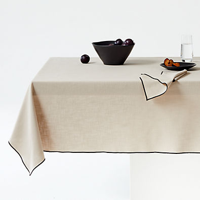 View Merrow Stitch Warm Natural  Organic Cotton Tablecloth 60"x120". details