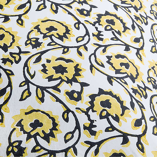 Washed Cotton 23"x23" Golden Flax Yellow Floral Reversible Hand Printed Throw Pillow with Down-Alternative Insert