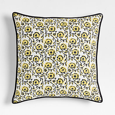 View Washed Cotton 23x23 Golden Flax Yellow Floral Reversible Hand Printed Throw Pillow with Feather Insert details