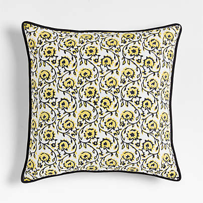 Washed Cotton 23"x23" Golden Flax Yellow Floral Block Print Throw Pillow with Feather Insert