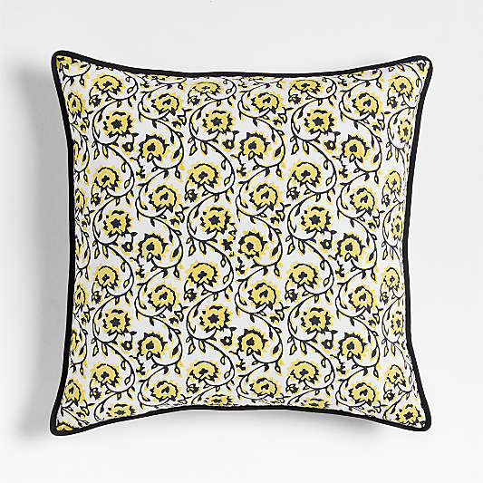 Washed Cotton 23"x23" Golden Flax Yellow Floral Reversible Hand Printed Throw Pillow with Down-Alternative Insert
