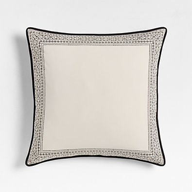 View Washed Cotton 23"x23" Natural Taupe/Midnight Navy Border Reversible Hand Printed Throw Pillow Cover details