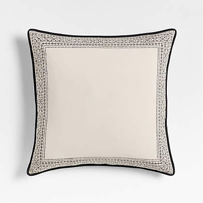 Washed Cotton 23"x23" Natural Taupe/Midnight Navy Border Reversible Hand Printed Throw Pillow with Feather Insert