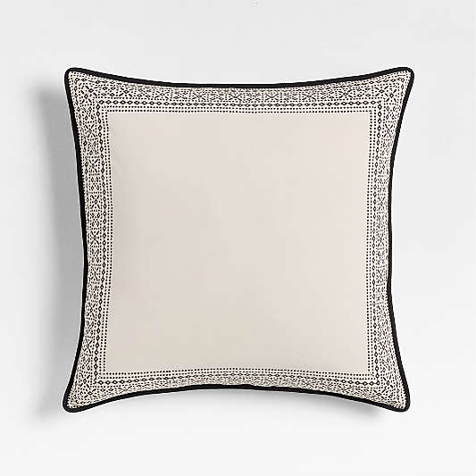 Washed Cotton 23"x23" Natural Taupe/Midnight Navy Border Reversible Hand Printed Throw Pillow with Feather Insert