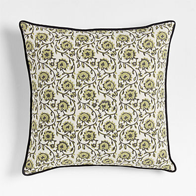 View Washed Cotton 23x23 Olive Green Floral Reversible Hand Printed Throw Pillow Cover details