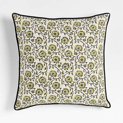 Washed Cotton 23"x23" Olive Green Floral Reversible Hand Printed Throw Pillow with Feather Insert