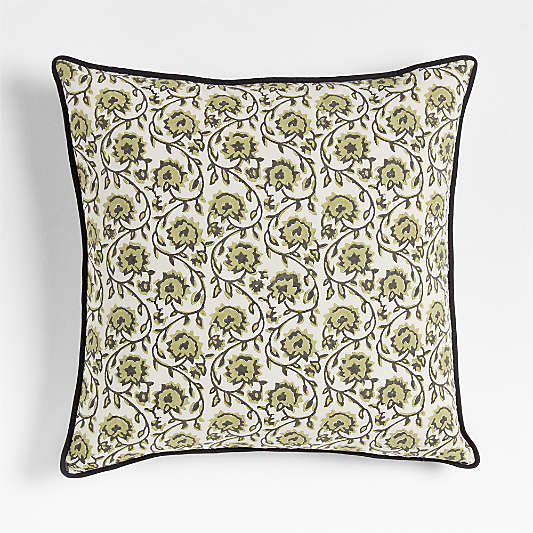 Washed Cotton 23"x23" Olive Green Floral Reversible Hand Printed Throw Pillow with Down-Alternative Insert