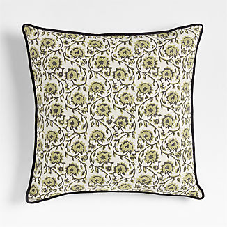 Washed Cotton 23x23 Olive Green Floral Reversible Hand Printed Throw Pillow Cover
