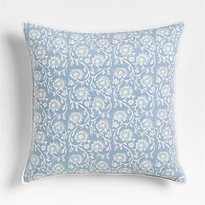Washed Cotton 23"x23" Ruka Blue Floral Reversible Hand Printed Throw Pillow with Feather Insert
